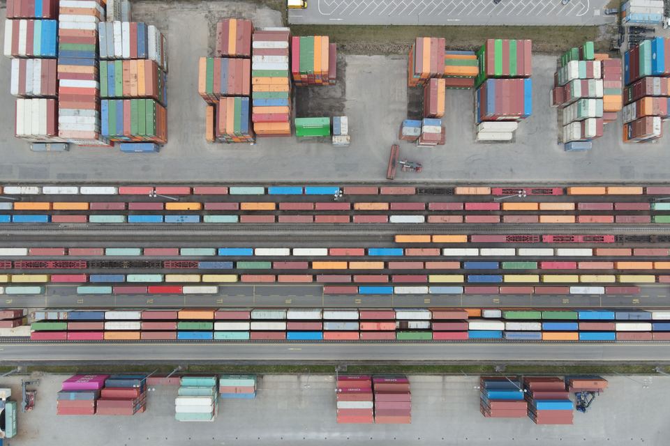Freight containers arranged in rows across a distribution yard