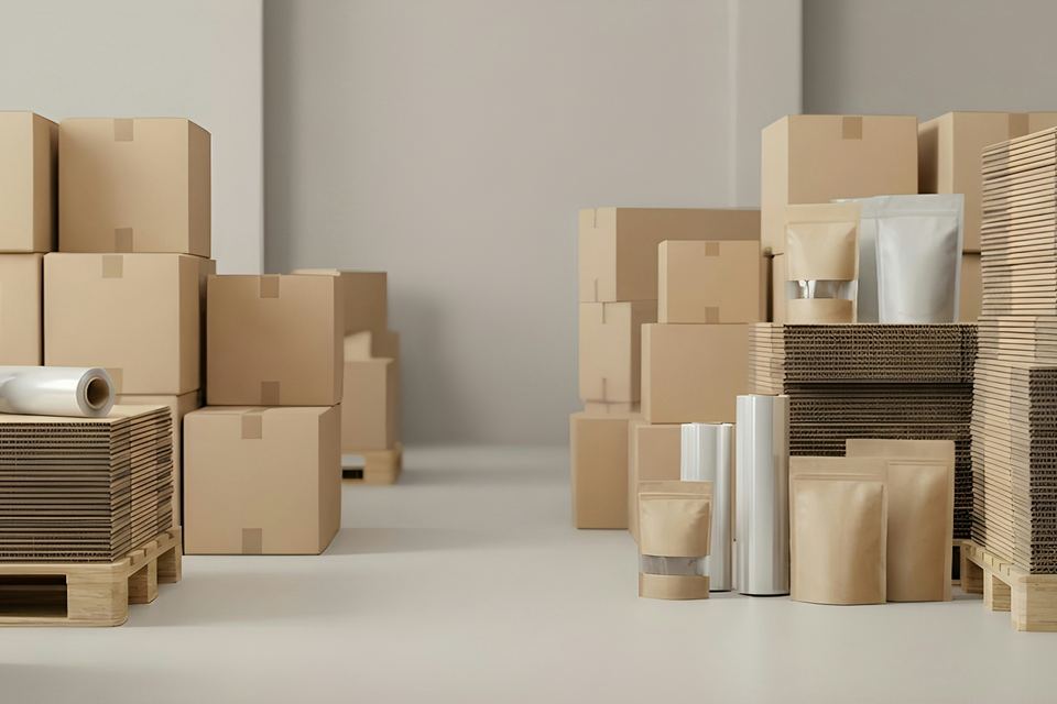 Cartons, pouches and packaging materials arranged for order preparation